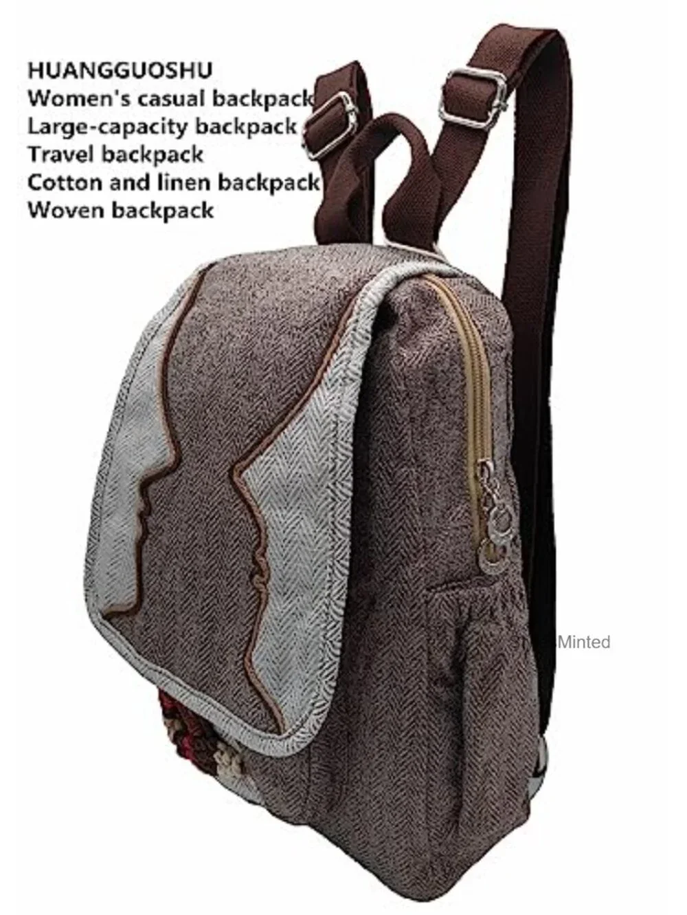 Women's Cotton Hemp Canvas Backpack, Boho Handwoven Embroidery, Adjustable